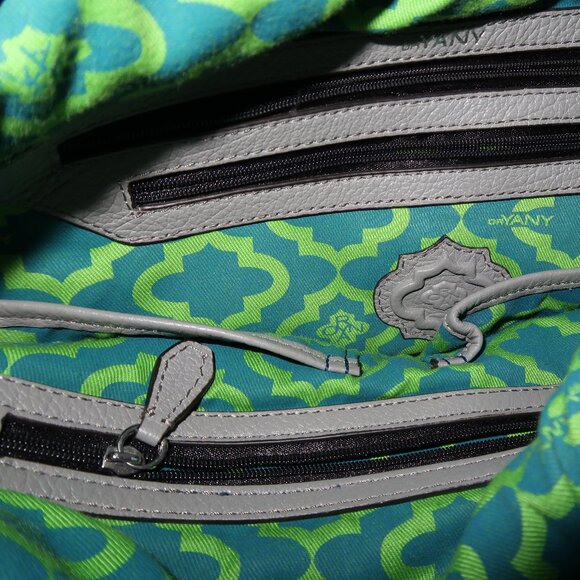 OrYany Leather Cotton Hand Bag Purse Silver Tone Hardware Green Pattern Lining - Picture 10 of 15